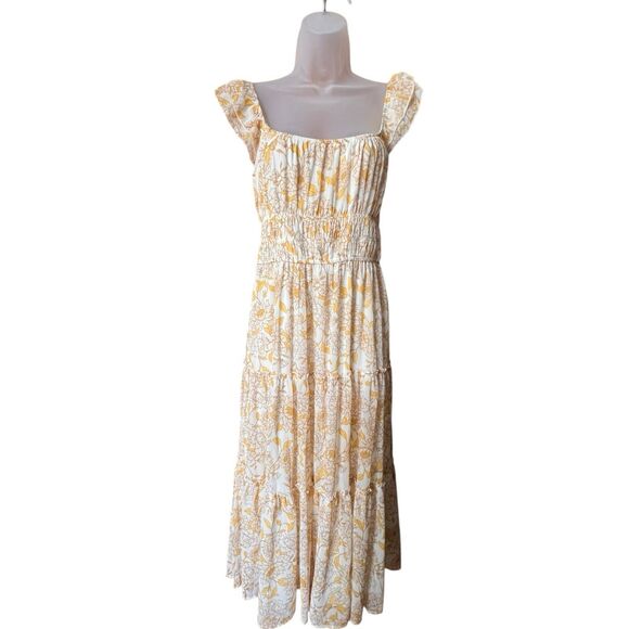 Trixxie Yellow Floral Ruffled Maxi Dress Sz L Milkmaid Boho Cottagecore Prairie - Picture 13 of 14